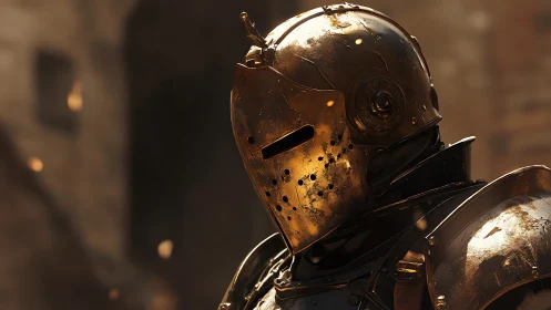 Battle-scarred gold-plated mech knight in cinematic side profile.