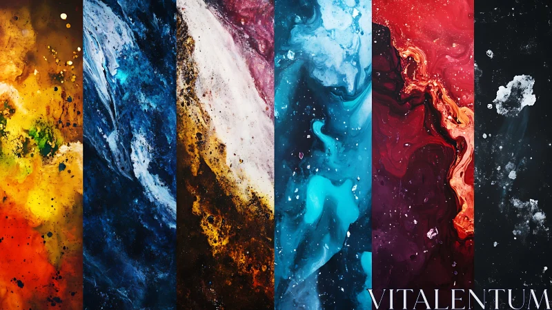 Cosmic color panels with swirling abstract nebula forms.