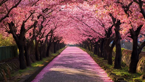 Cherry blossom lined road forming pink floral tunnel.