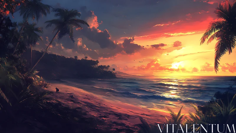 Radiant tropical sunset washes a palm-fringed shoreline in gold.