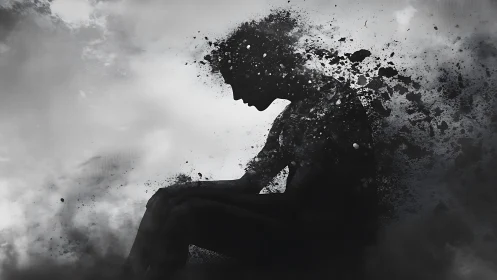 Silhouetted figure dissolving into monochrome particulate cloud