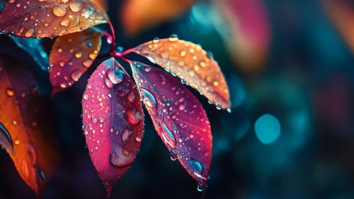 Glistening autumn leaves share a quiet, colorful rain-kissed glow