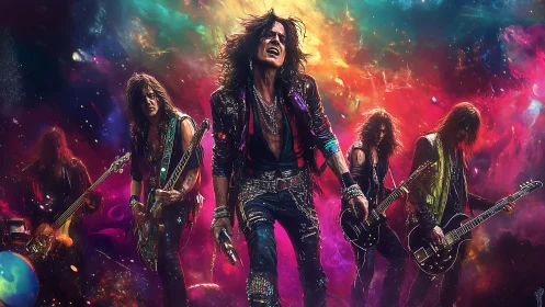 Starlit rock band ignites a neon cosmic concert storm.