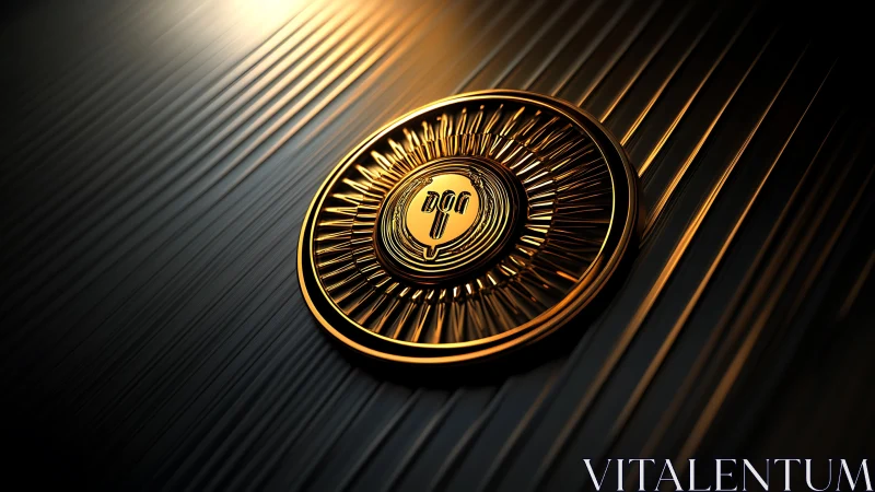 Golden crypto emblem on dark ribbed metal surface.