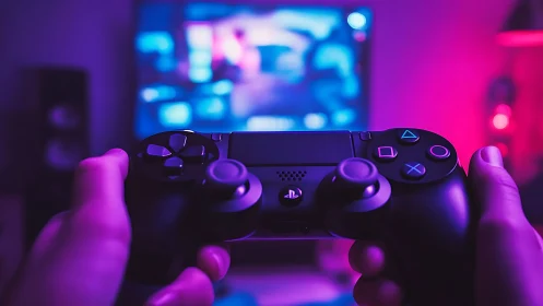 Neon night gamer grips controller in glowing purple haze.