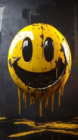 Dripping yellow smiley face on dark textured wall.