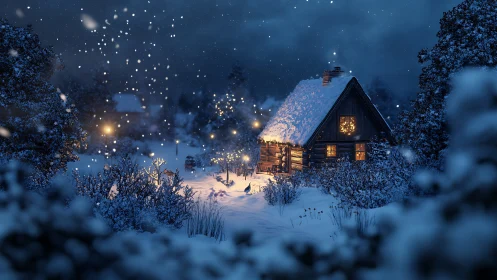 Cozy winter cabin glowing softly in a peaceful snowy night.