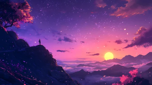 Twilight wanderer above neon-tinted mountains at sunset.