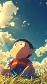 Low-angle anime child in sunlit meadow under dynamic sky