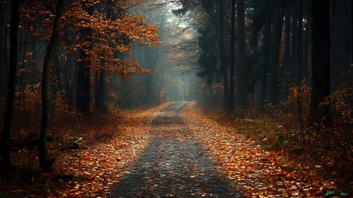 Autumn Forest Road Through Golden Light.
