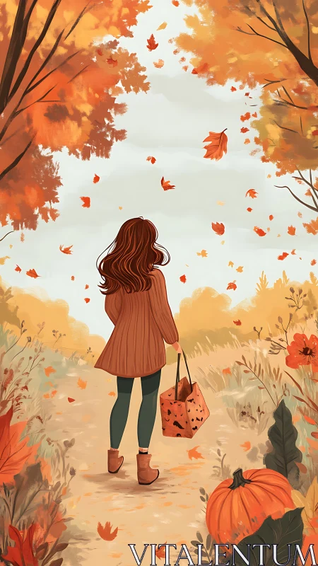 Autumn girl walking path under falling leaves illustration.