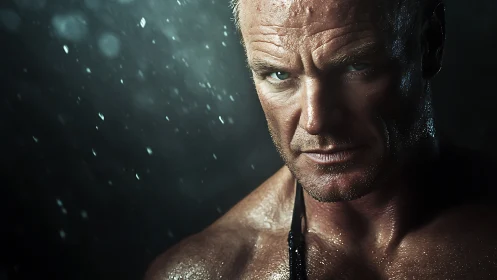 Intense wet portrait of muscular middle aged man outdoors.