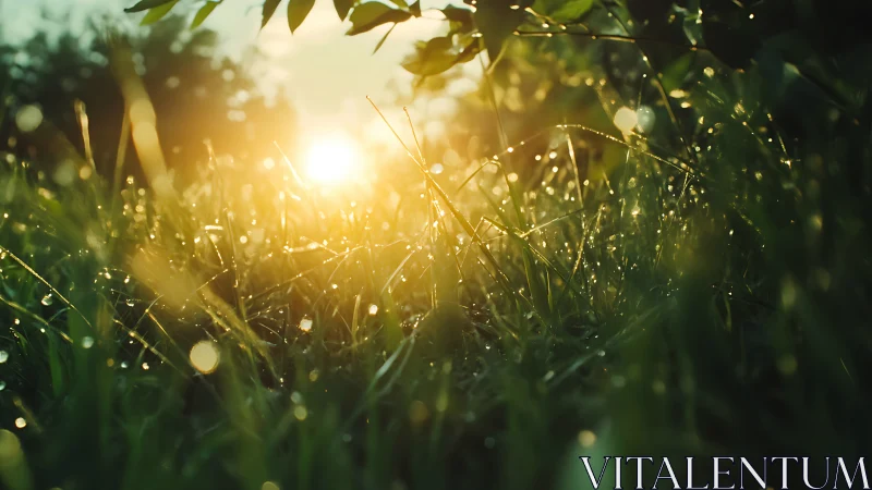 Morning sunlight glows through dewy grass in soft focus.