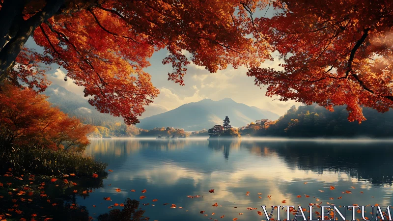 Autumn mountain lake panorama with mirrored maple canopy reflections