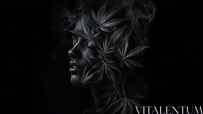 Dark female profile merges with smoking cannabis leaves in void