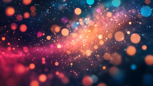 Cosmic bokeh drifts like glittering planets through neon night