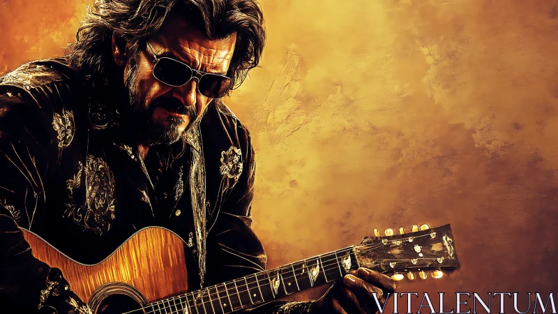 Brooding guitarist plays under warm golden studio light