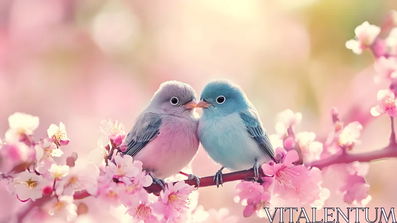 Two Gentle Birds Share a Tender Moment Among Cherry Blossoms.