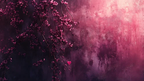 Vertical cherry branches and lone heart icon on textured magenta wall