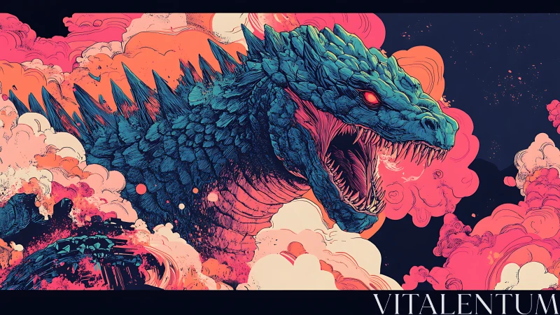 Giant reptilian creature amid dense stylized smoke clouds.