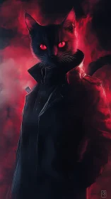 Anthropomorphic black cat in trench coat amid red nebula glow