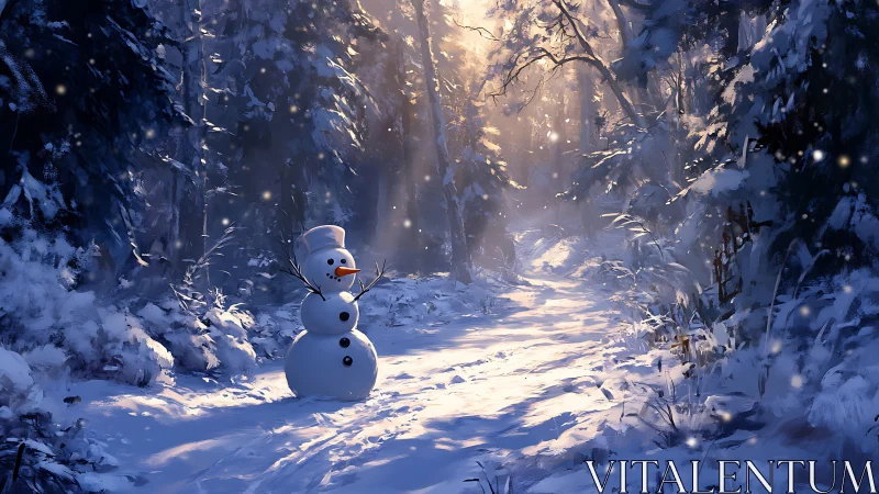 Snowman standing alone on a sunlit winter forest path.