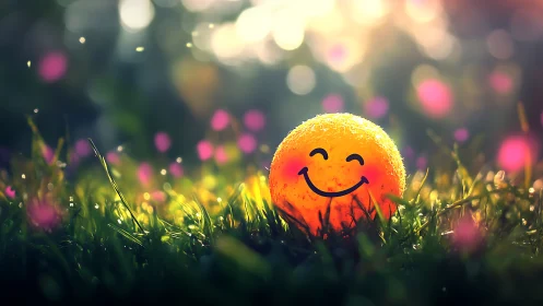 Smiley face ball rests in wet grass under soft backlight