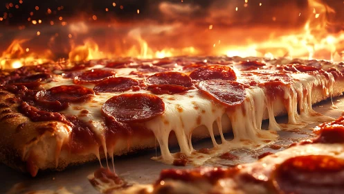 Rectangular pepperoni pizza slice with visible cheese stretch