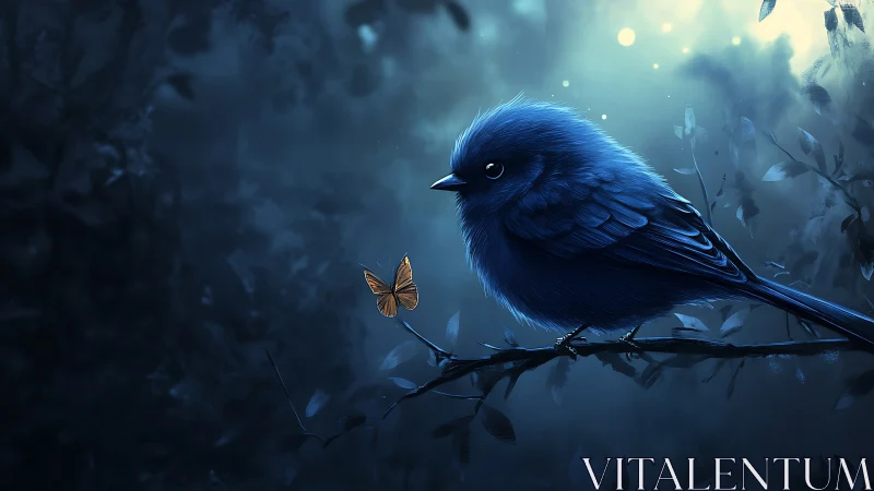 A Serene Blue Bird Finds Wonder in a Golden Butterfly