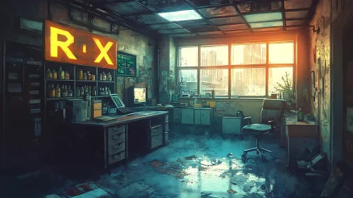 Sunlit ruins of a forgotten cyberpunk pharmacy office.