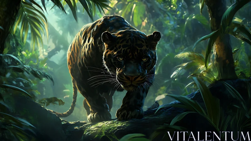 Black Jaguar in Rainforest Canopy with Luminous Atmospheric Rendering