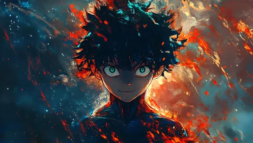 Starlit ember-haired hero grinning through cosmic chaos.