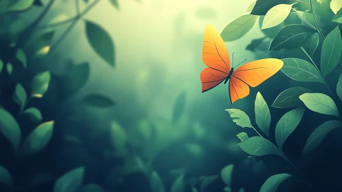 Vibrant orange butterfly in lush green forest, digital art style.