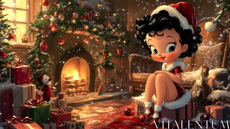 Cartoon girl sits by Christmas fireplace in snowy room
