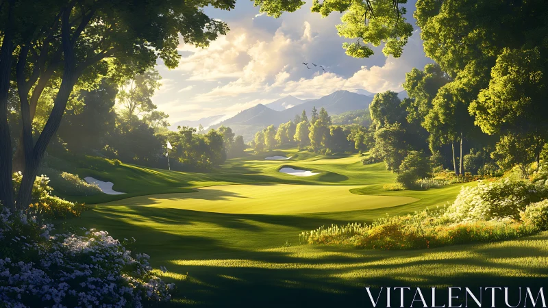 Sunlit mountain golf fairway framed by lush forest greens.