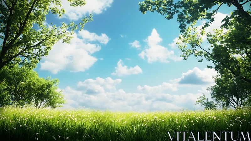 Sunlit meadow doorway opening into a bright blue sky.