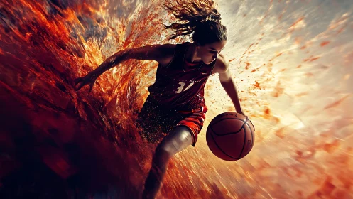 Dynamic female basketball player drives through fiery motion.