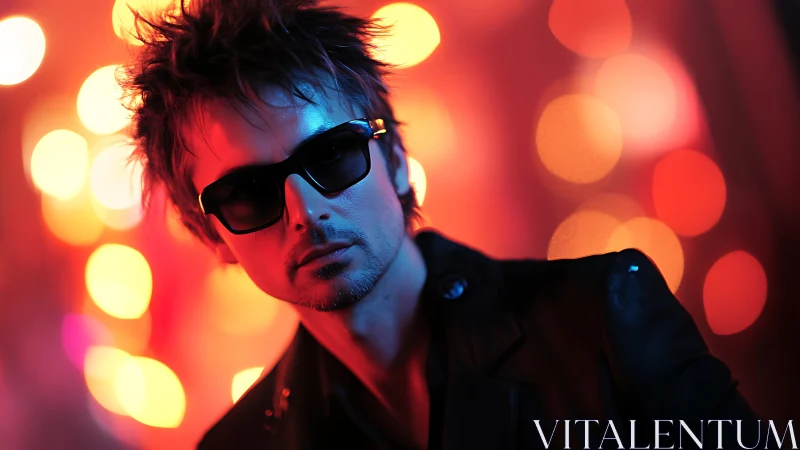 Neon bokeh swirls while the cool stranger owns the frame