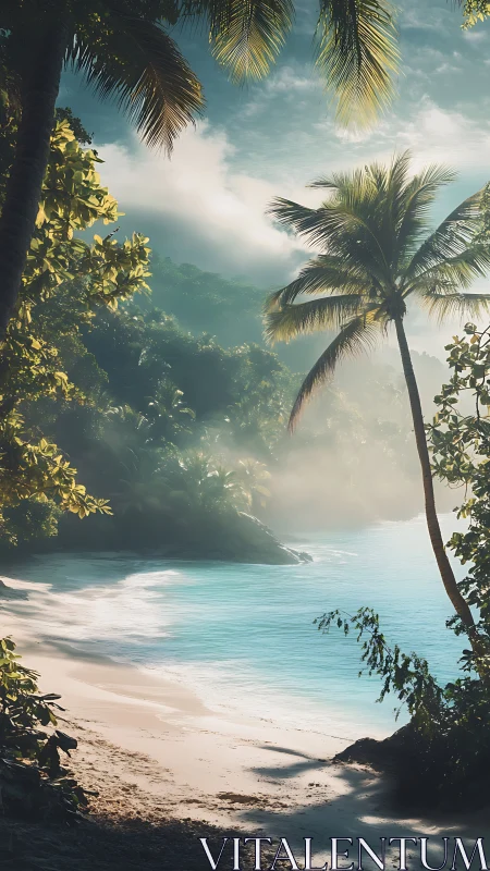 Tropical shoreline with palm trees and misted background.
