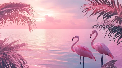 Pink flamingos stand beside pastel tropical sunset lagoon