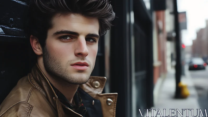 City-edge gaze of a leather-clad stranger in winter light.
