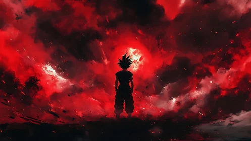 Lone warrior embraced by blazing red storm of power.