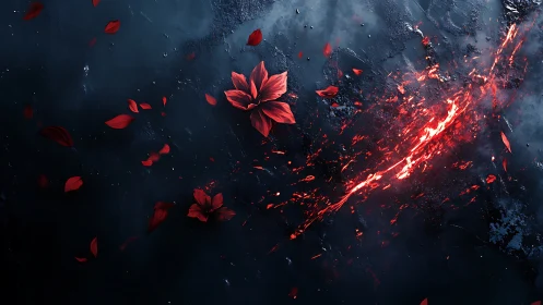 Crimson petals drift across molten fracture on black ground.