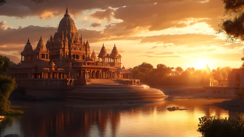 Sunlit riverside temple complex in volumetric sunset radiance.