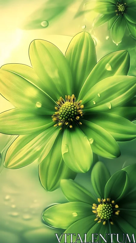 Luminescent Green Florals with Dewdrop Details. Digital Rendering Study.