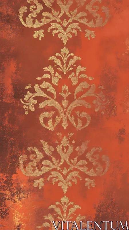 Gilded damask blooms over ember washed vintage wall. Period.