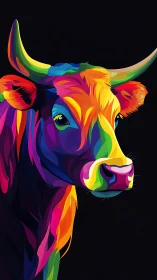 Vibrant multicolor cow portrait glows on deep black