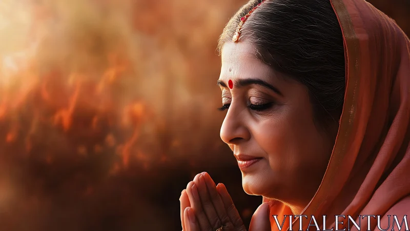 Elderly Indian Woman Praying in Warm Serene Portrait Style.