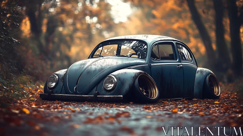 Lowered vintage blue Beetle on wet autumn forest road.