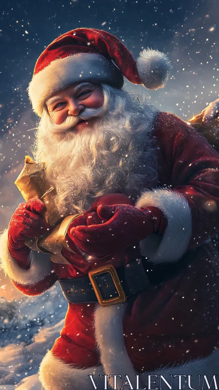 Santa figure in red suit holding scroll in snowy night scene.